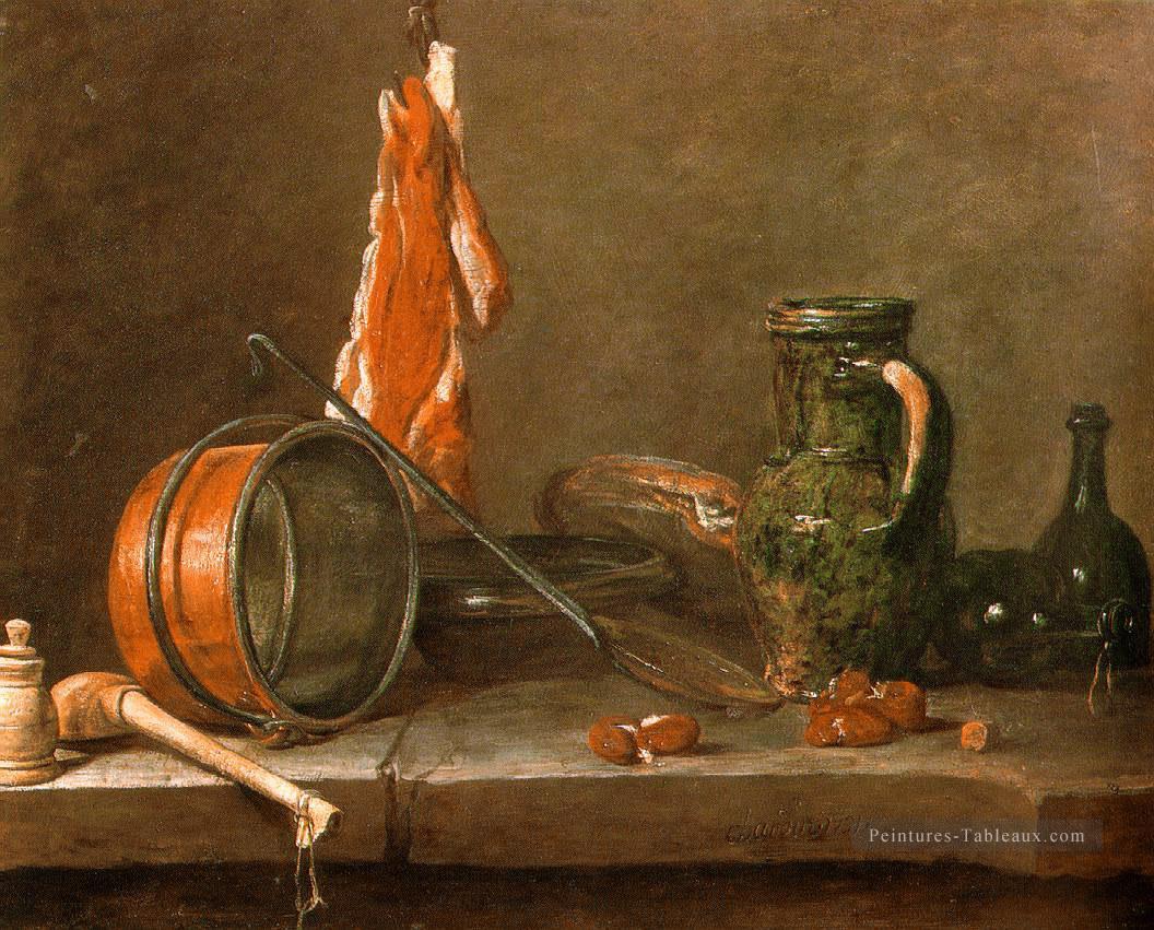 Une alimentation maigre avec des ustensiles de cuisine Nature morte Jean Baptiste Simeon Chardin Peintures à l'huile